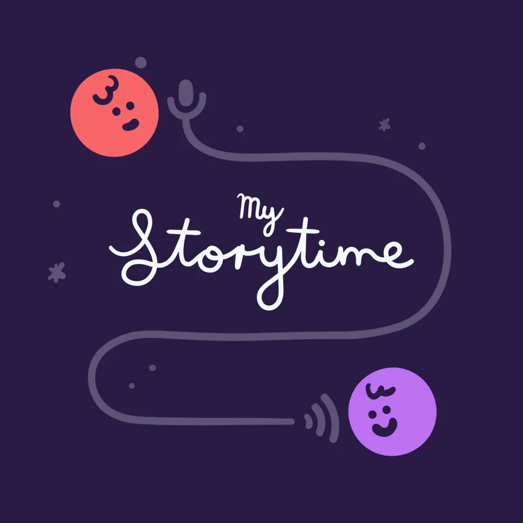 Two little cartoon circles with one talking and one listening: My Storytime.