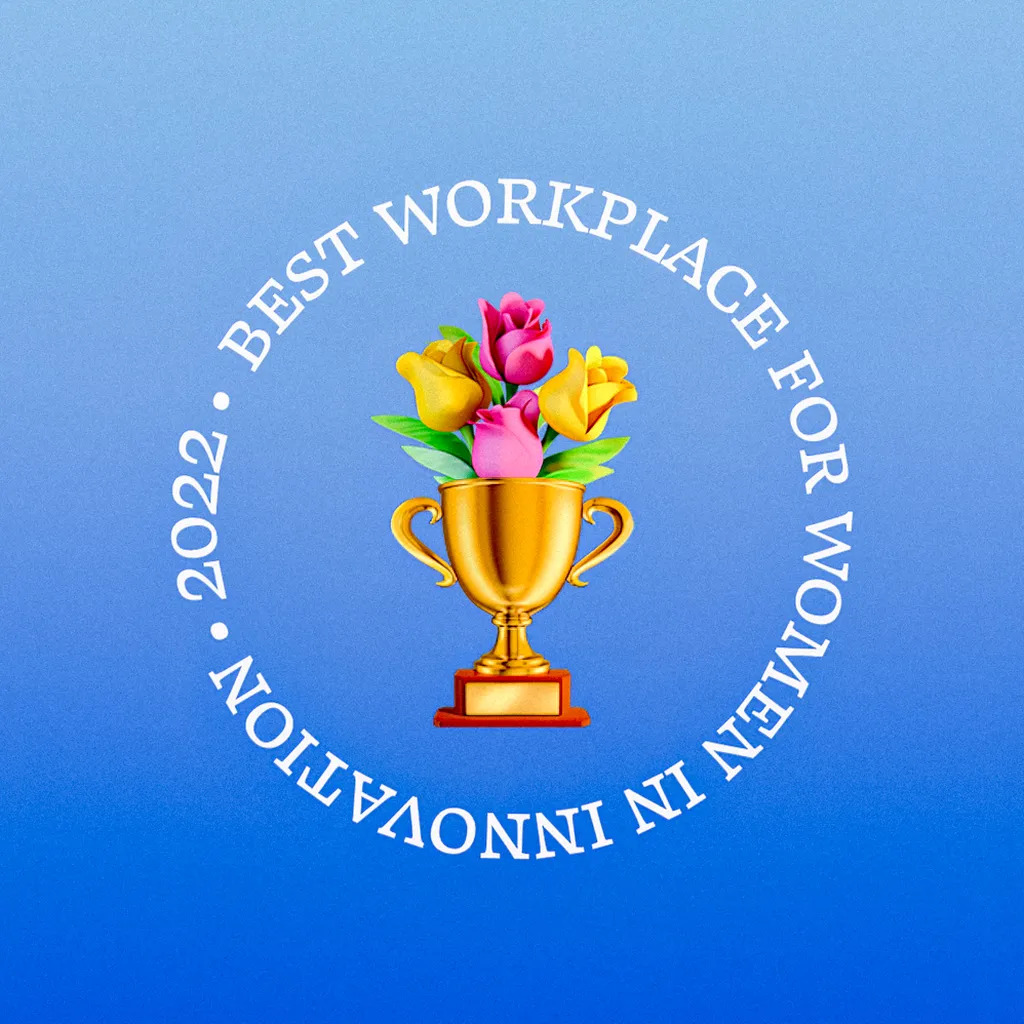 Illustration of a trophy holding flowers with the text: Best Workplace for Women in Innovation 2022, circling it.