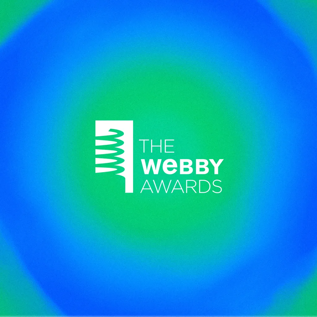 Green and blue water color in a circle: The Webby Awards.